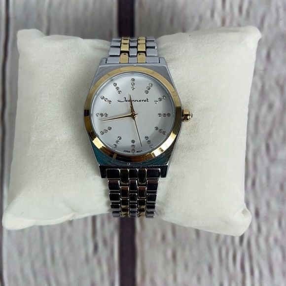 Jeanneret  34MM Case Casual  Watch w/ Crystal Hour Silver Gold Tone Band - Picture 2 of 10